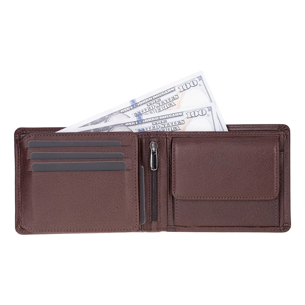 Brown leather wallet with money on a white background
