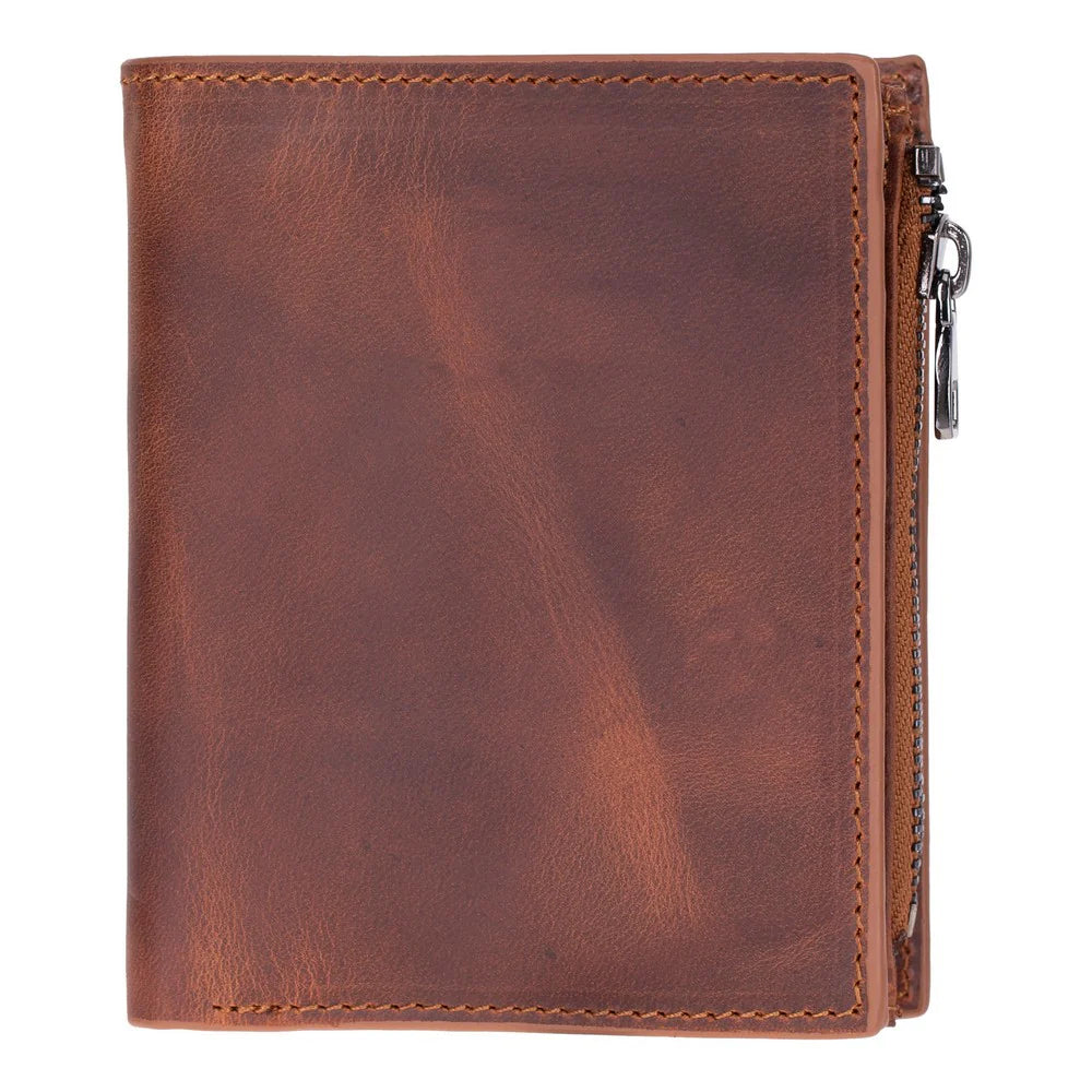 Brown leather wallet with a zipper on a white background