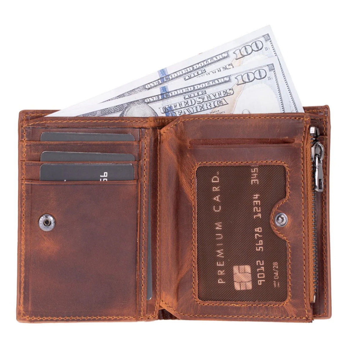 Brown leather wallet with money and cards on a white background