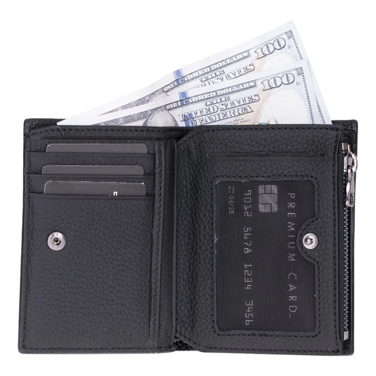 Black leather wallet with card slots and a zipper pocket, containing U.S. currency.