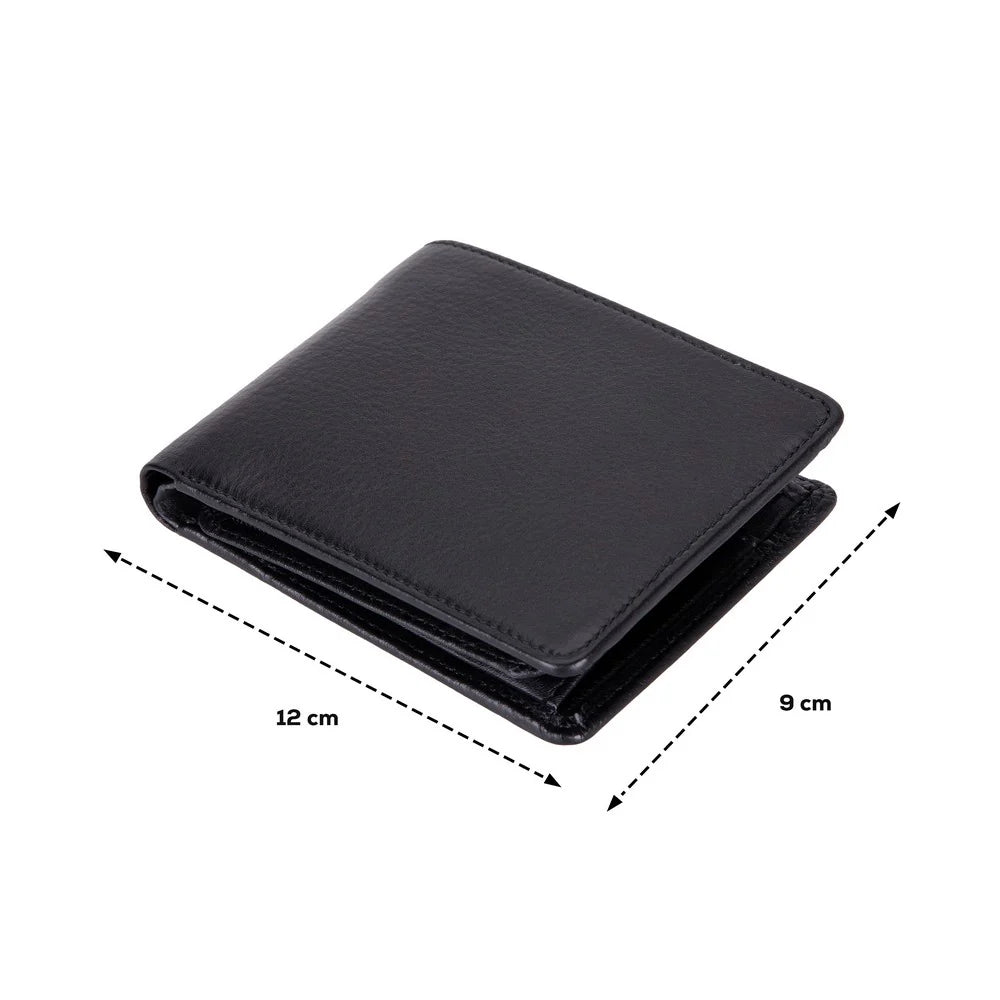 Black wallet with dimensions indicated on a white background