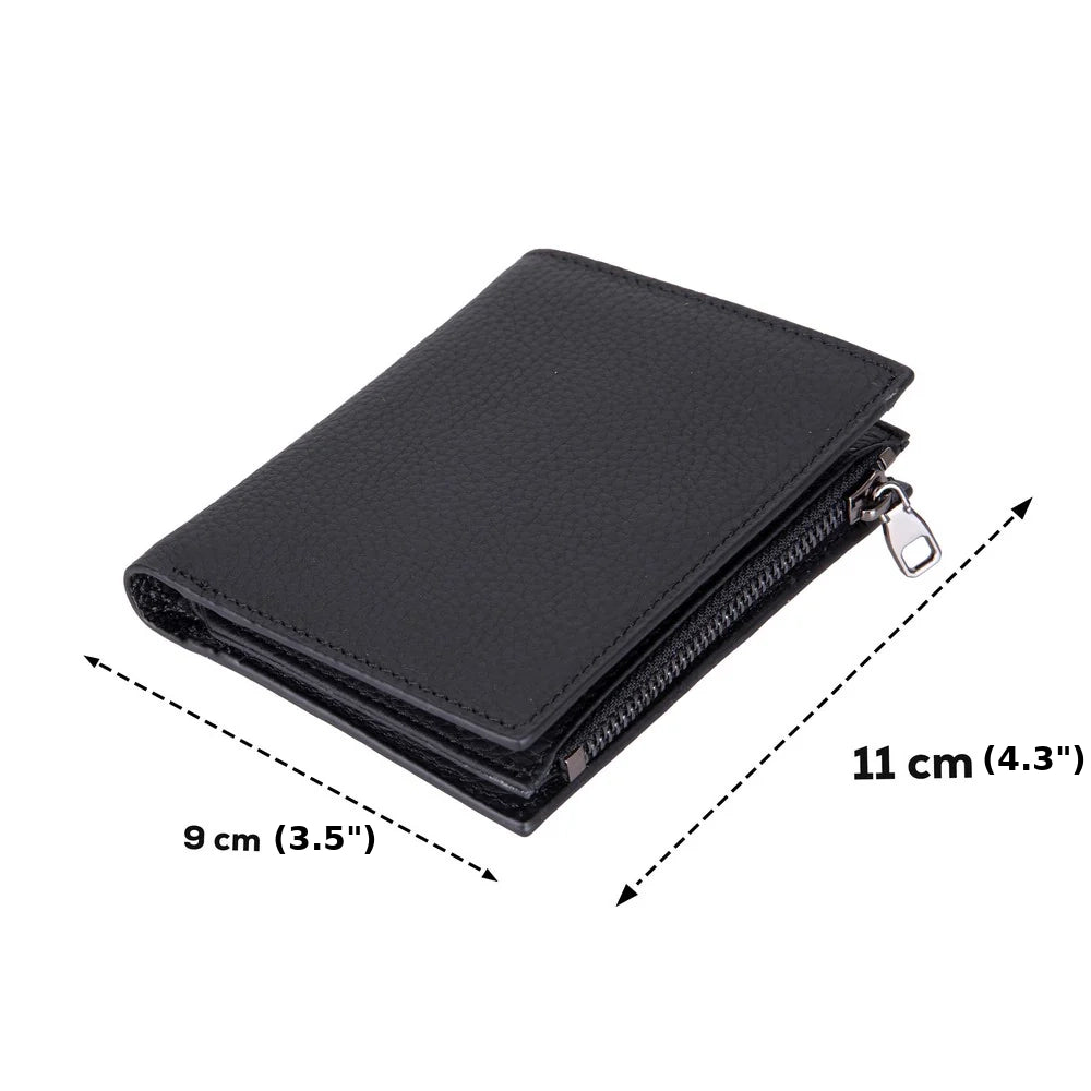 Black wallet with measurements indicated on a white background