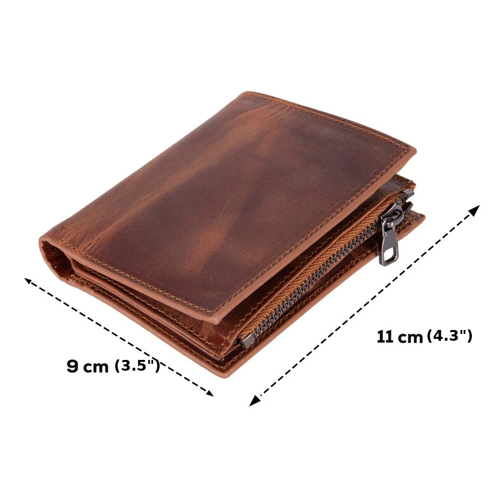 Brown leather wallet with zipper and dimensions indicated on a white background
