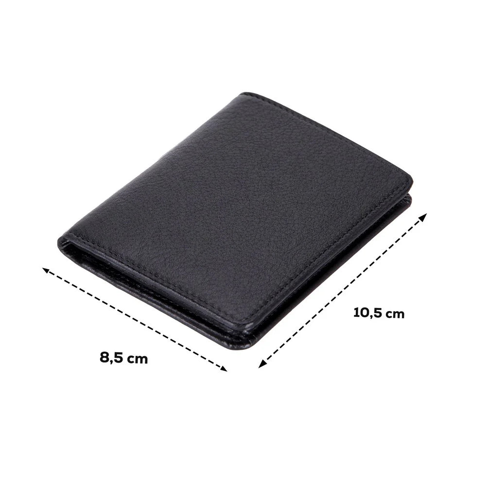 Black wallet with dimensions indicated on a white background