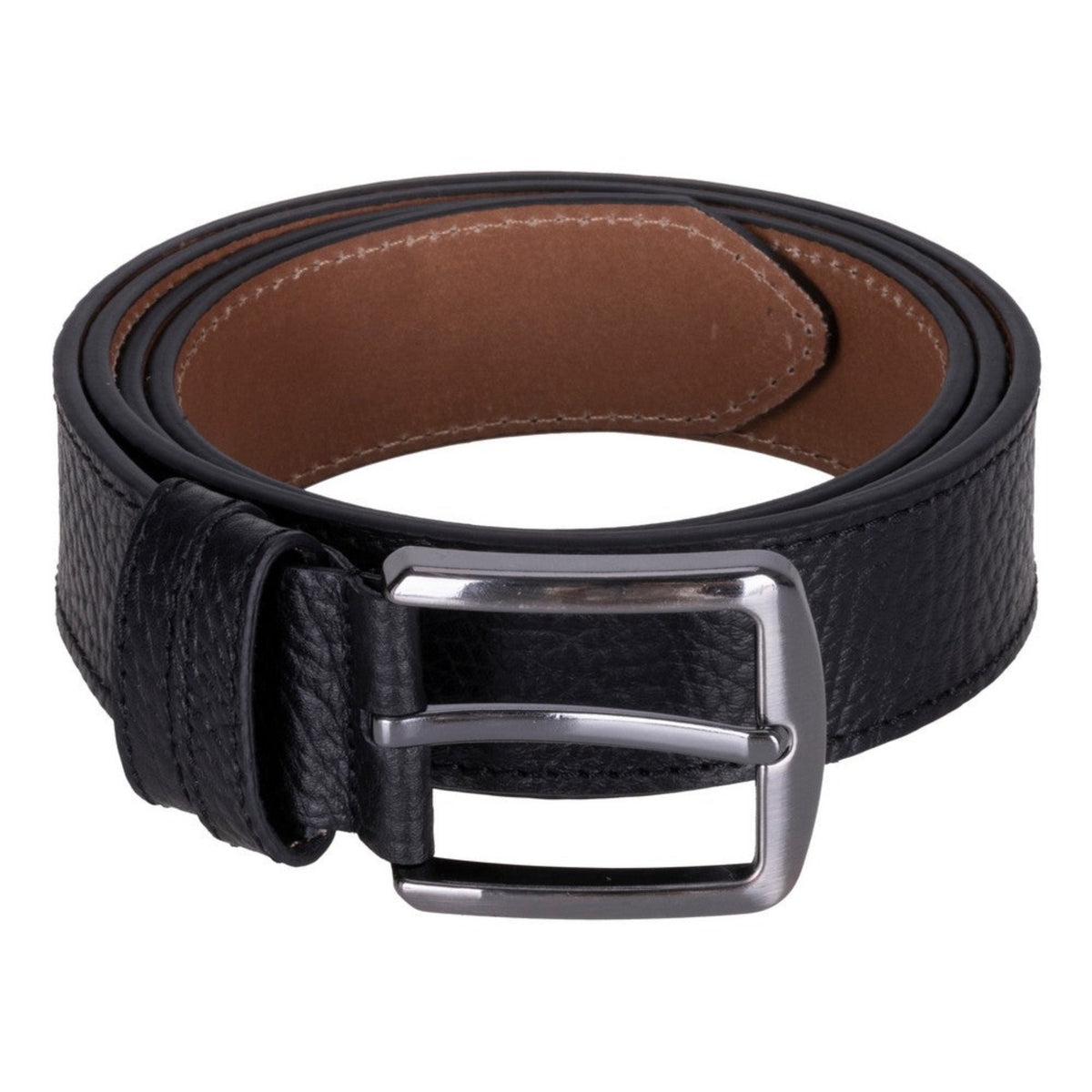 Black leather belt with a silver buckle on a white background