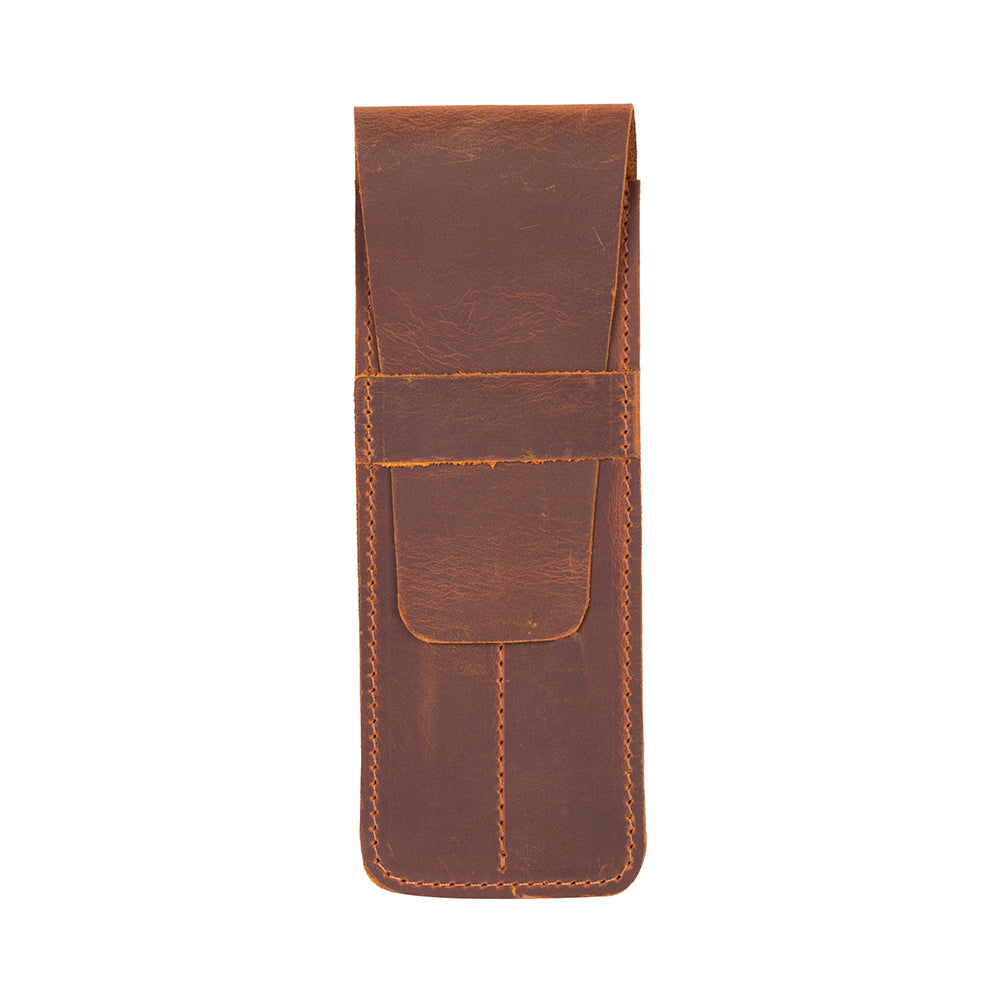 Brown leather phone case with a pocket on a white background