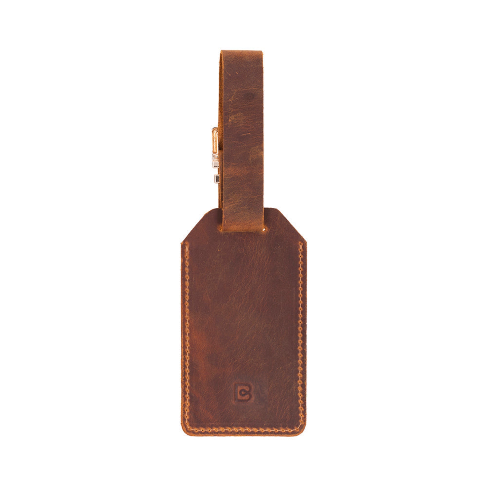 A black genuine leather luggage tag with a transparent ID window at the front, an adjustable leather strap with a buckle, and a brand logo embossed on the bottom.