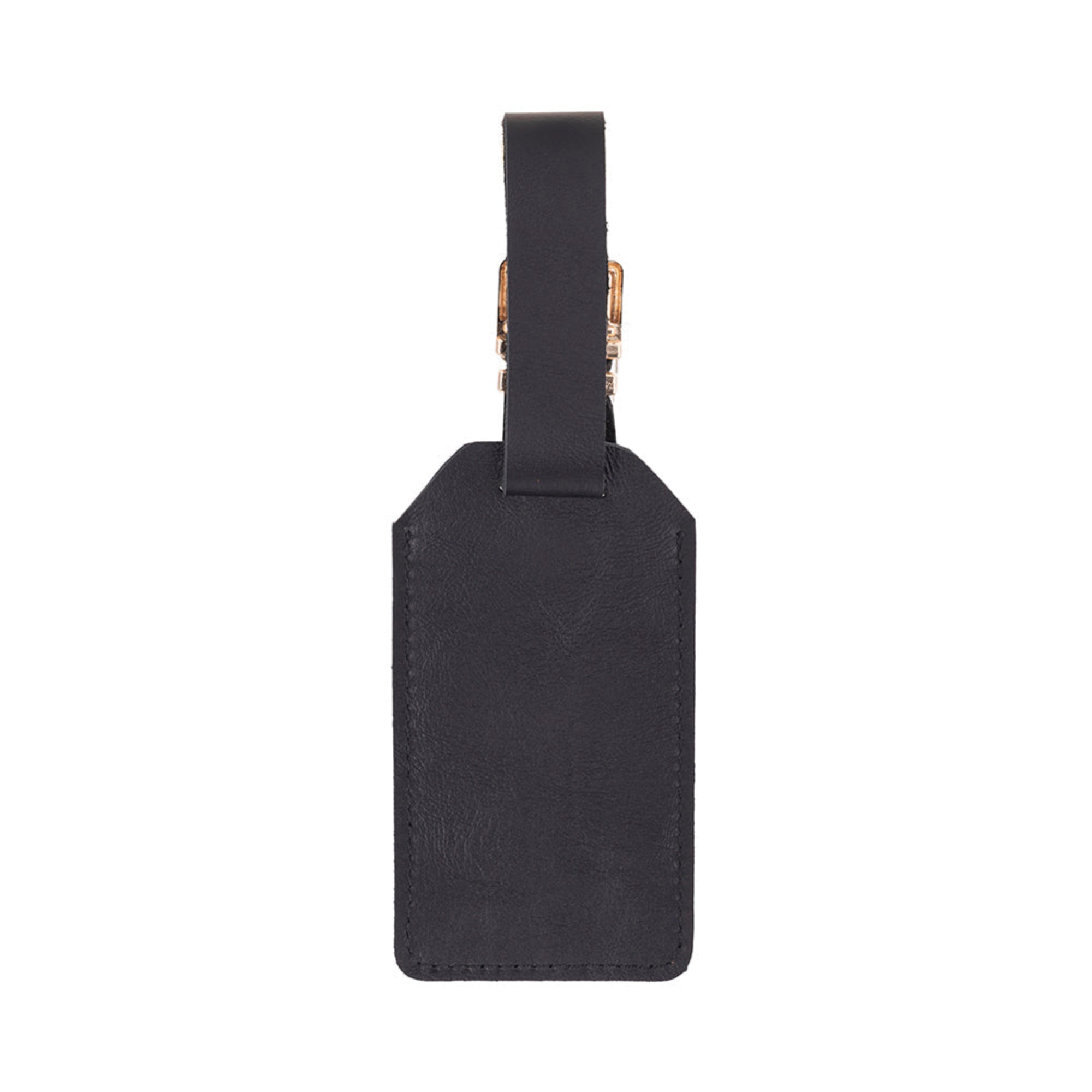 Black leather luggage tag on a white background