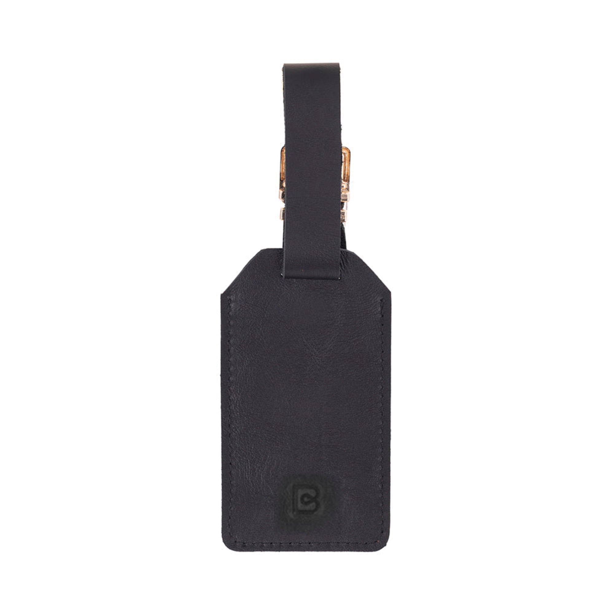 A black genuine leather luggage tag with a transparent ID window at the front, an adjustable leather strap with a buckle, and a brand logo embossed on the bottom.