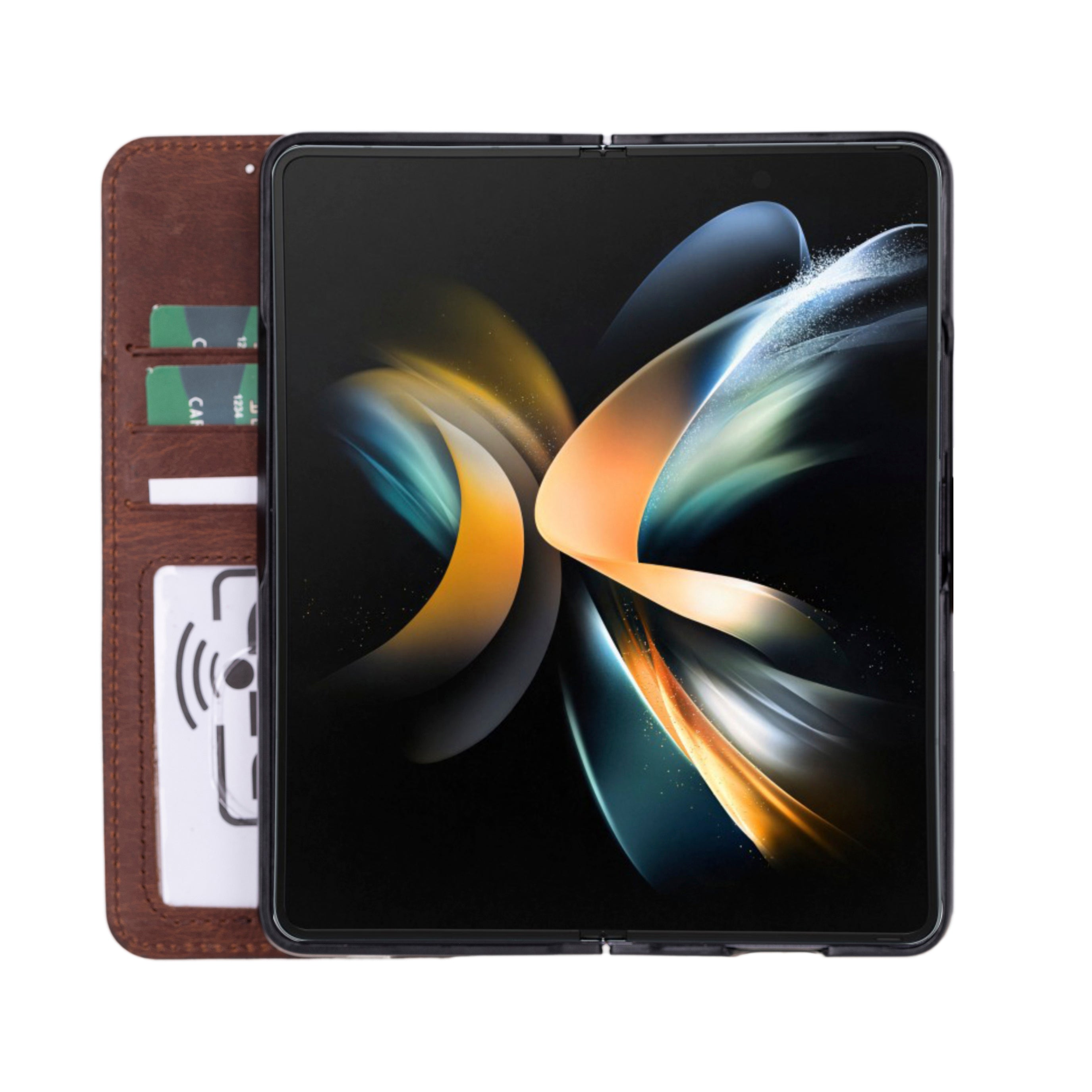 Smartphone with a colorful abstract design on the screen, placed inside a brown leather case.