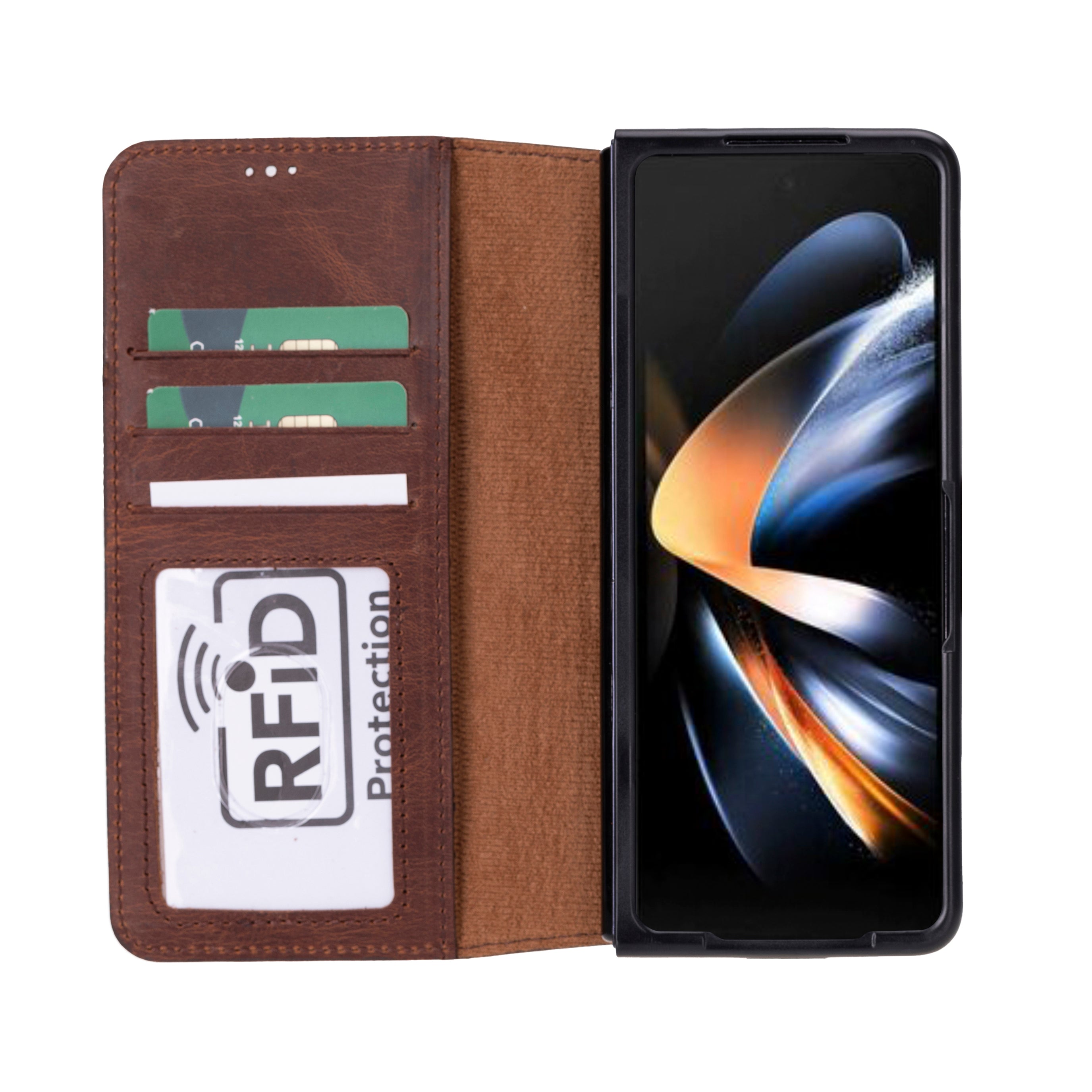 Brown phone wallet case with card slots and RFID protection label, featuring a smartphone inside.