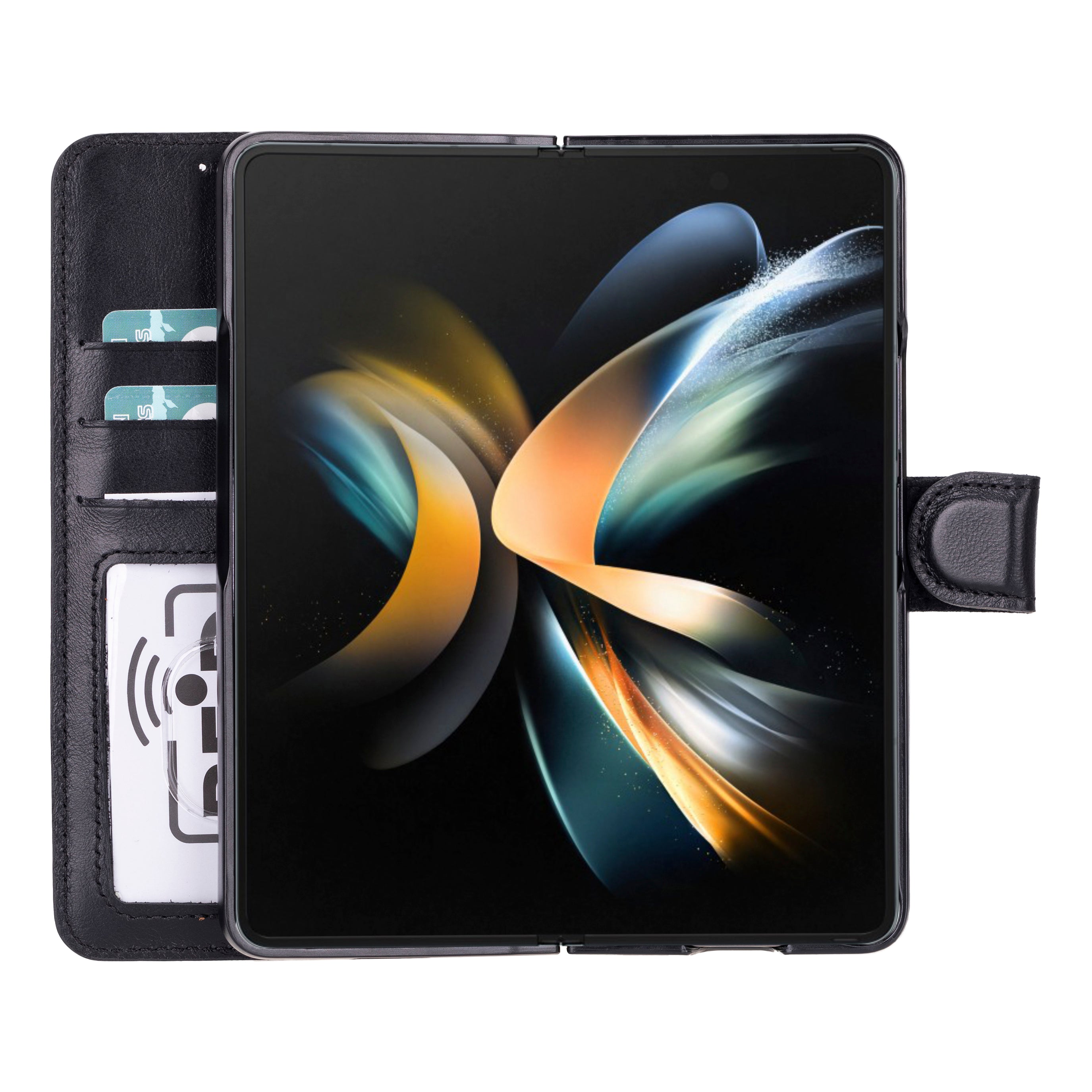Phone case with card slots and a colorful abstract design on a black background