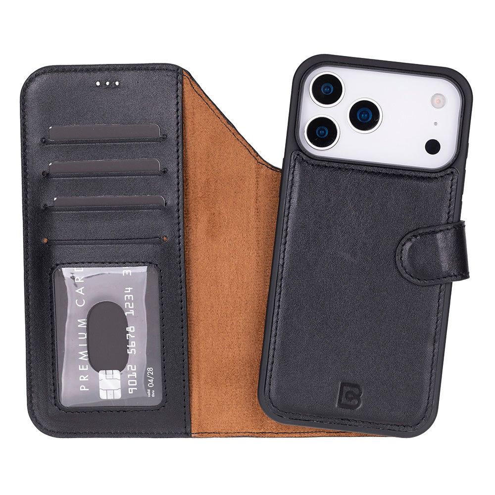 Black phone case with card holder and phone pocket on a white background