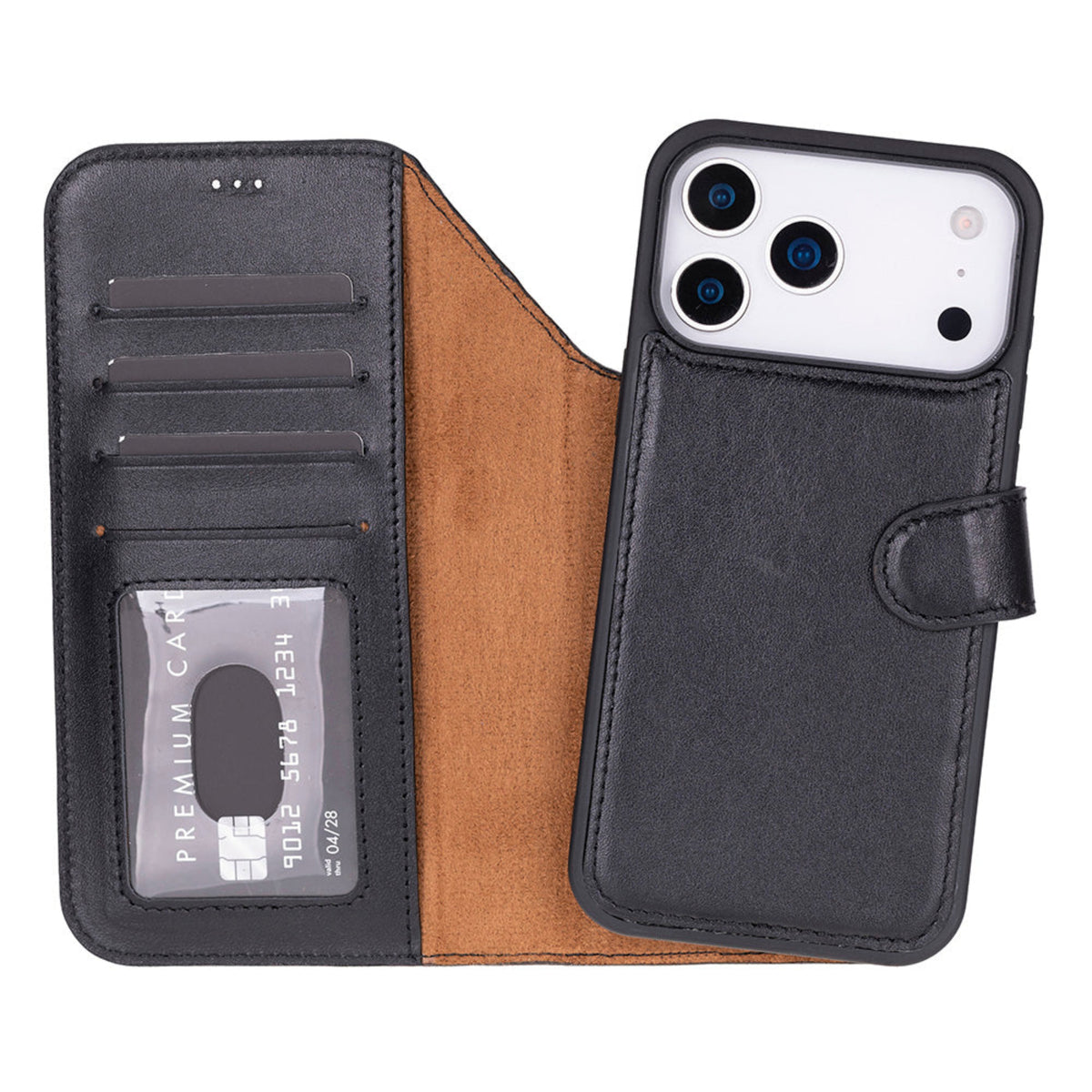 Black faux-leather wallet phone case shown open and closed on a white background. The open view reveals card slots, a cash compartment, and a brown inner lining.