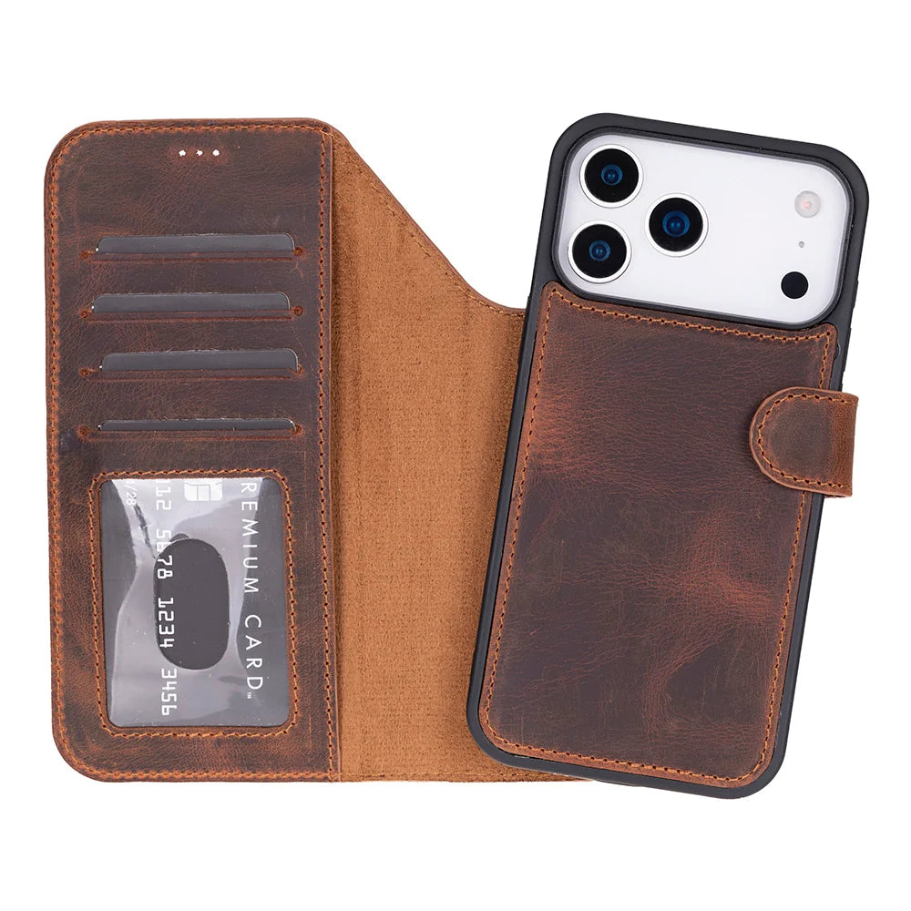 A brown leather iphone 18 pro max wallet phone case shown open, with a smartphone inserted. The case features multiple card slots on the left, a clear ID window with a demo card, and a vertical card pocket on the right with a snap tab closure.