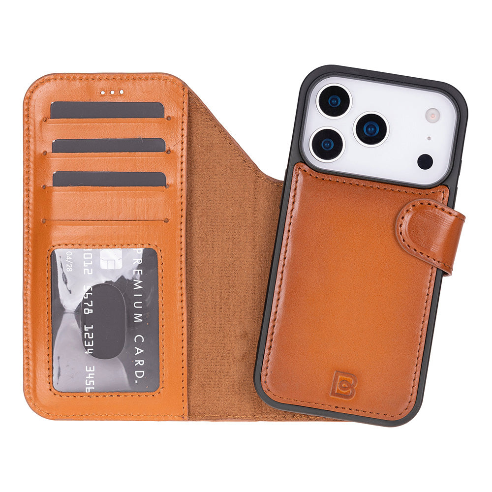 Brown phone case with card slots and phone holder on a white background