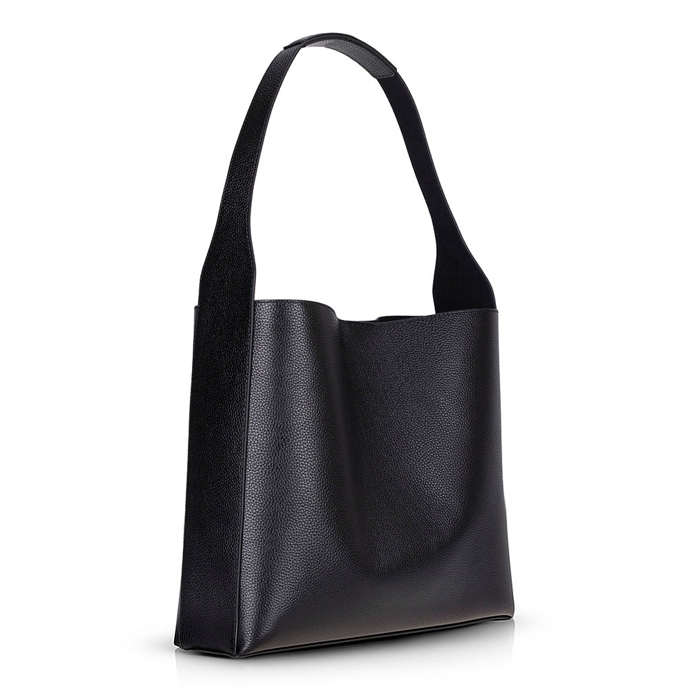 Black leather handbag on a white background