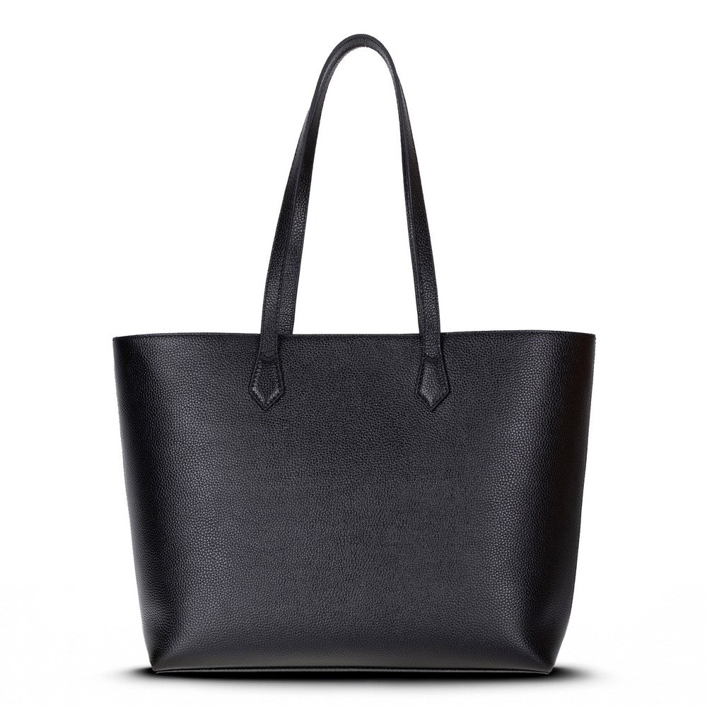 Black leather tote bag on a white background