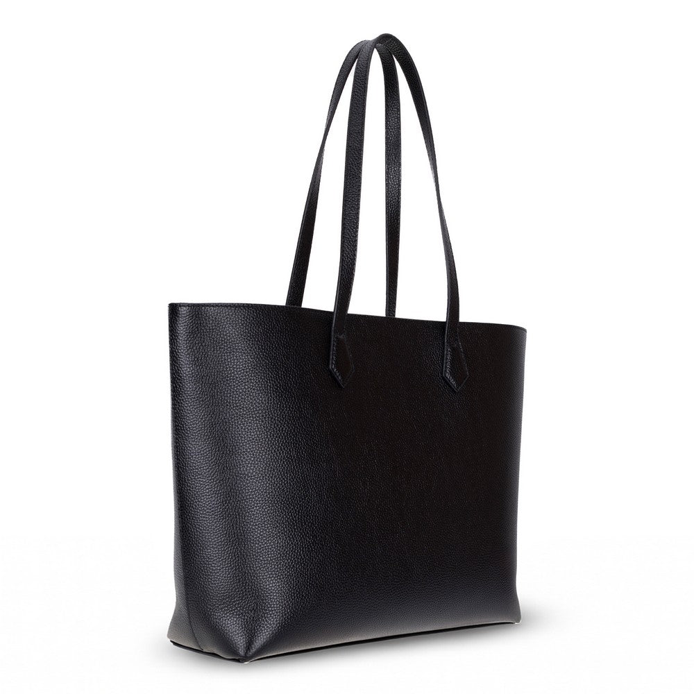 Black leather tote bag on a white background