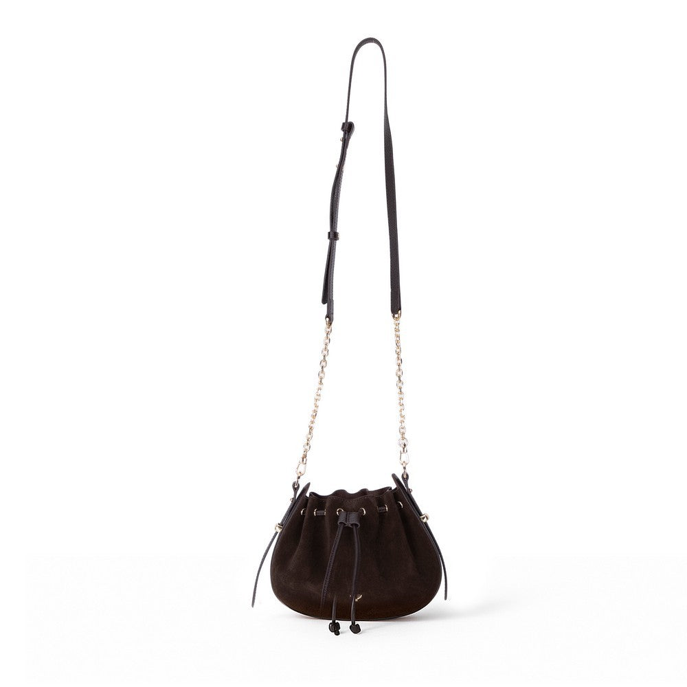 Brown suede leather bucket bag with a chain strap on a white background