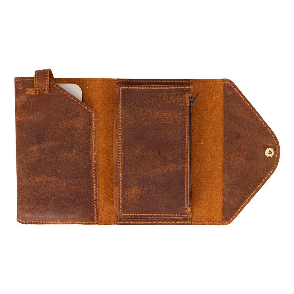 Brown leather wallet with multiple card slots on a white background