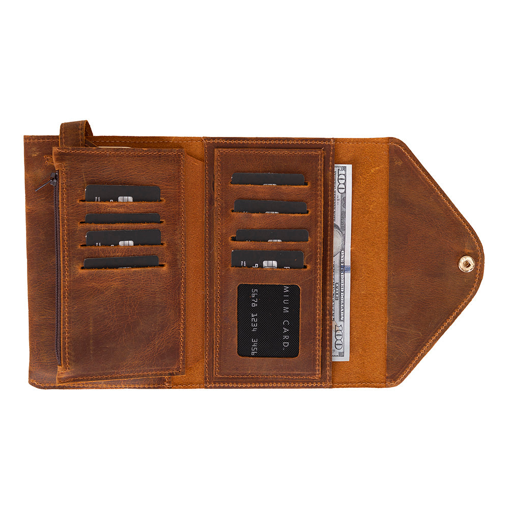 Brown leather wallet with card slots and bill compartment on a white background