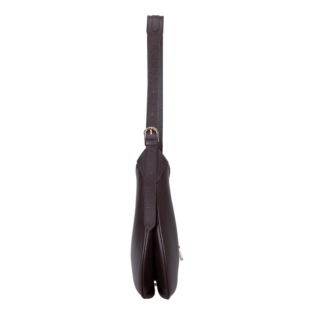 Black leather crossbody bag with strap on a white background