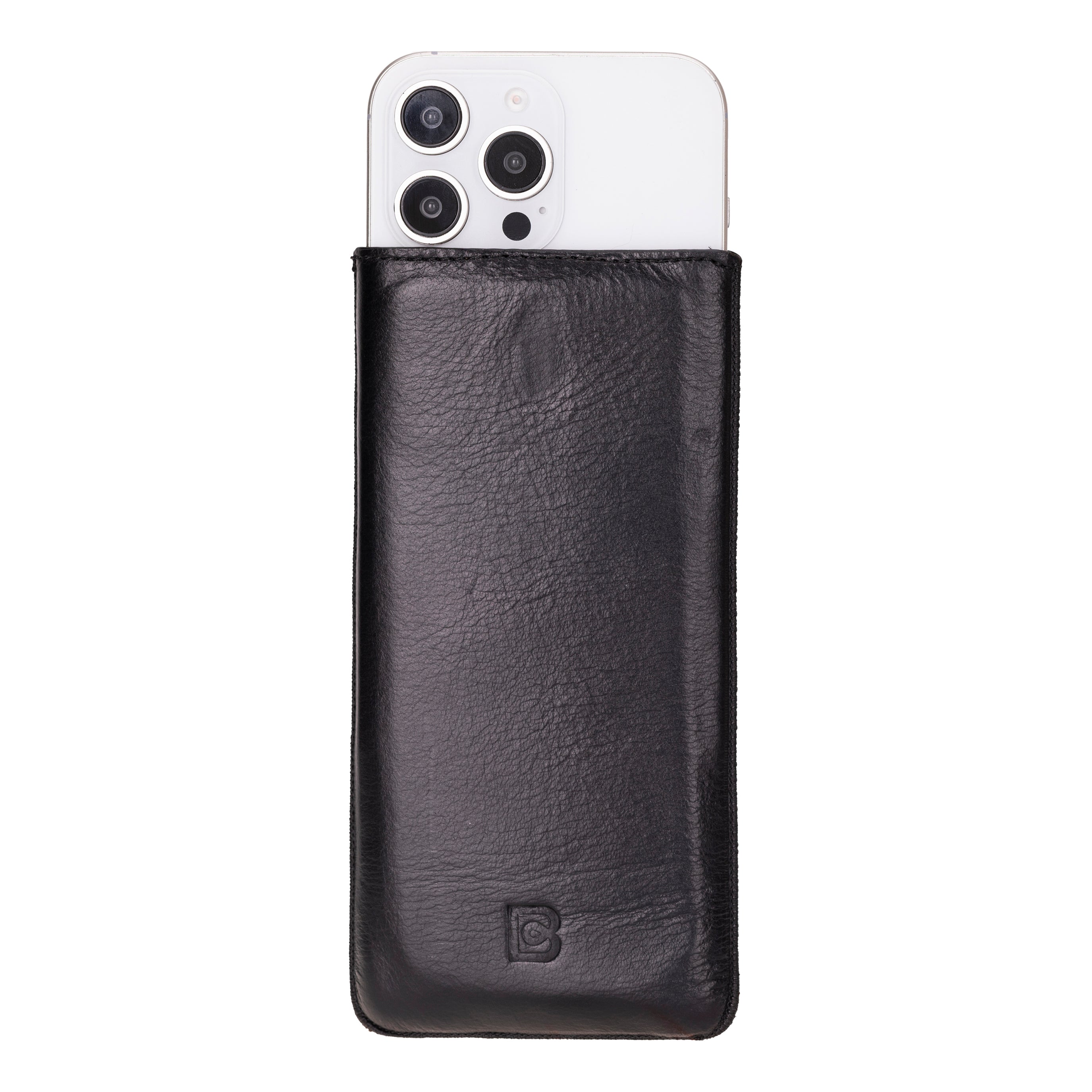 A black leather multi case cover for an iPhone 16, showing the case closed with the iPhone partially inserted from the top.