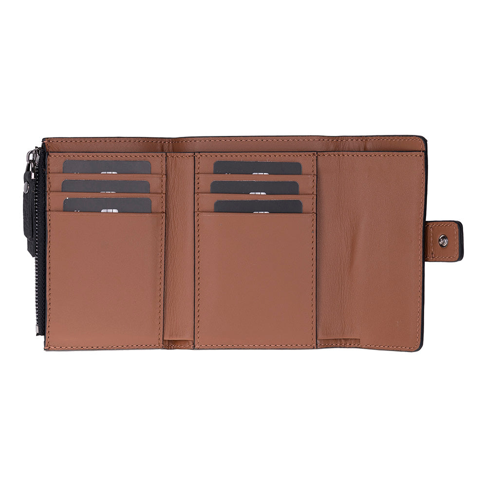 Brown leather wallet with multiple card slots and a zipper pocket on a white background