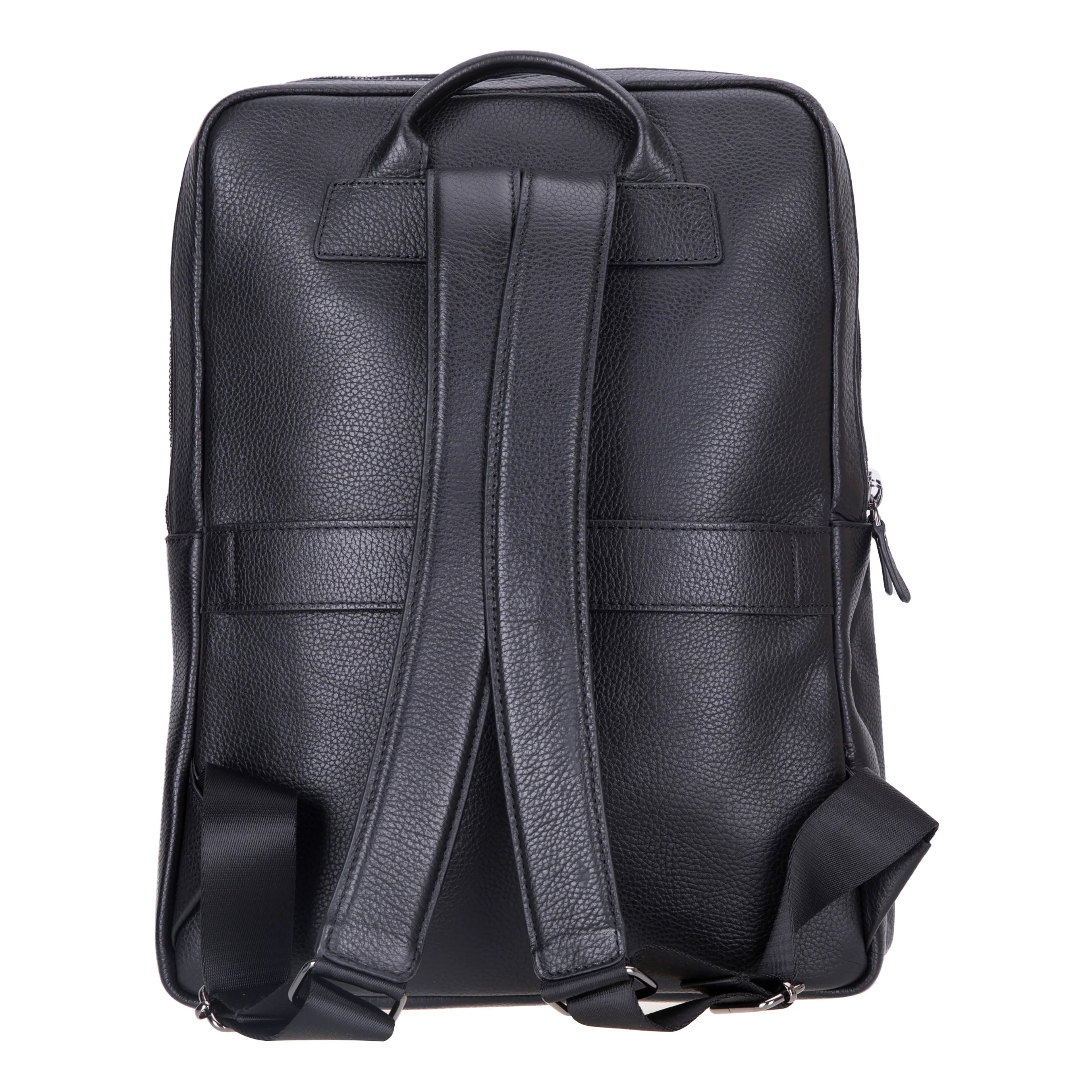 Black leather backpack on a white background