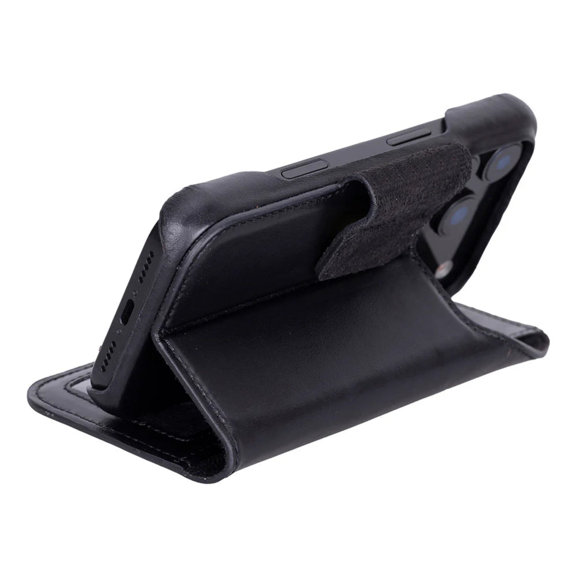 Black phone case with card slots on a white background