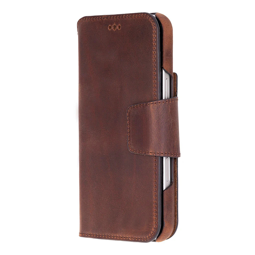 Brown leather iphone 17 pro case with a card slot on a white background