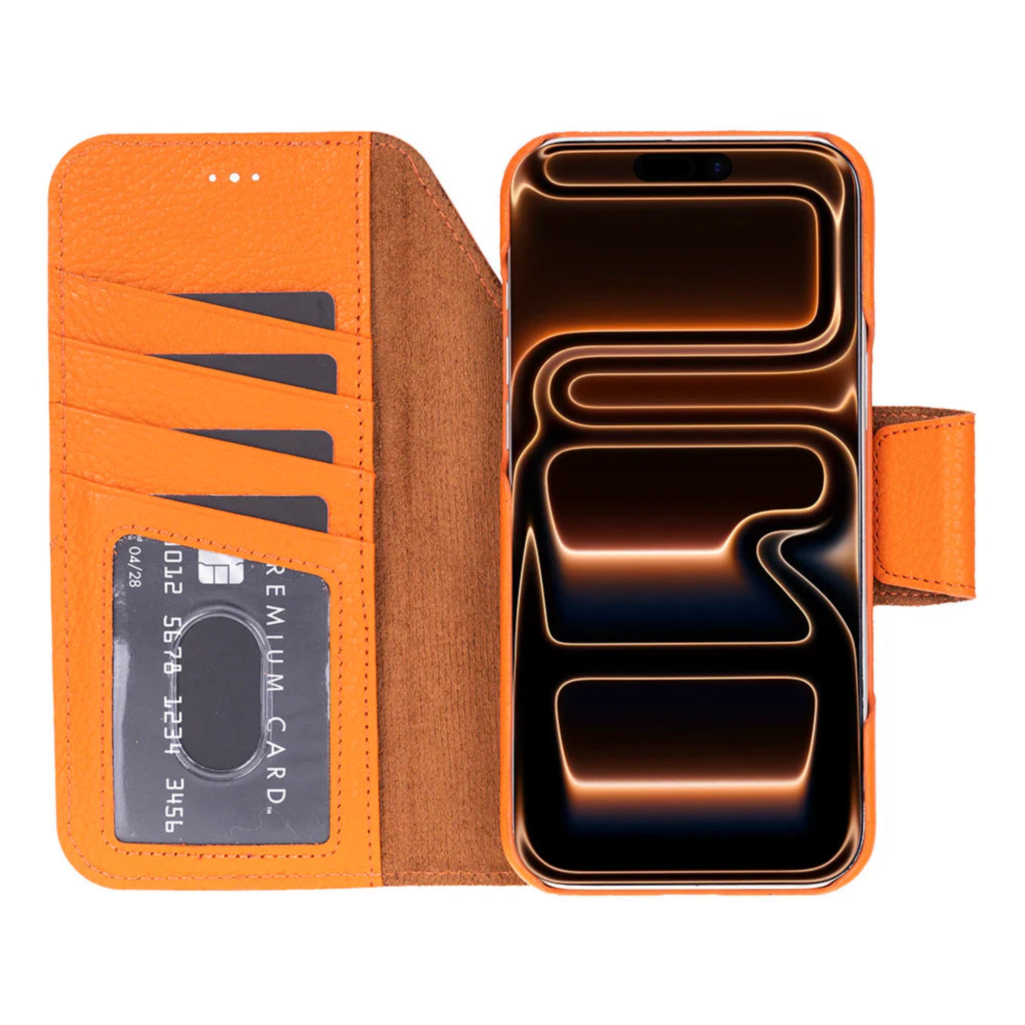 Orange phone case with card holder and interior view on a white background