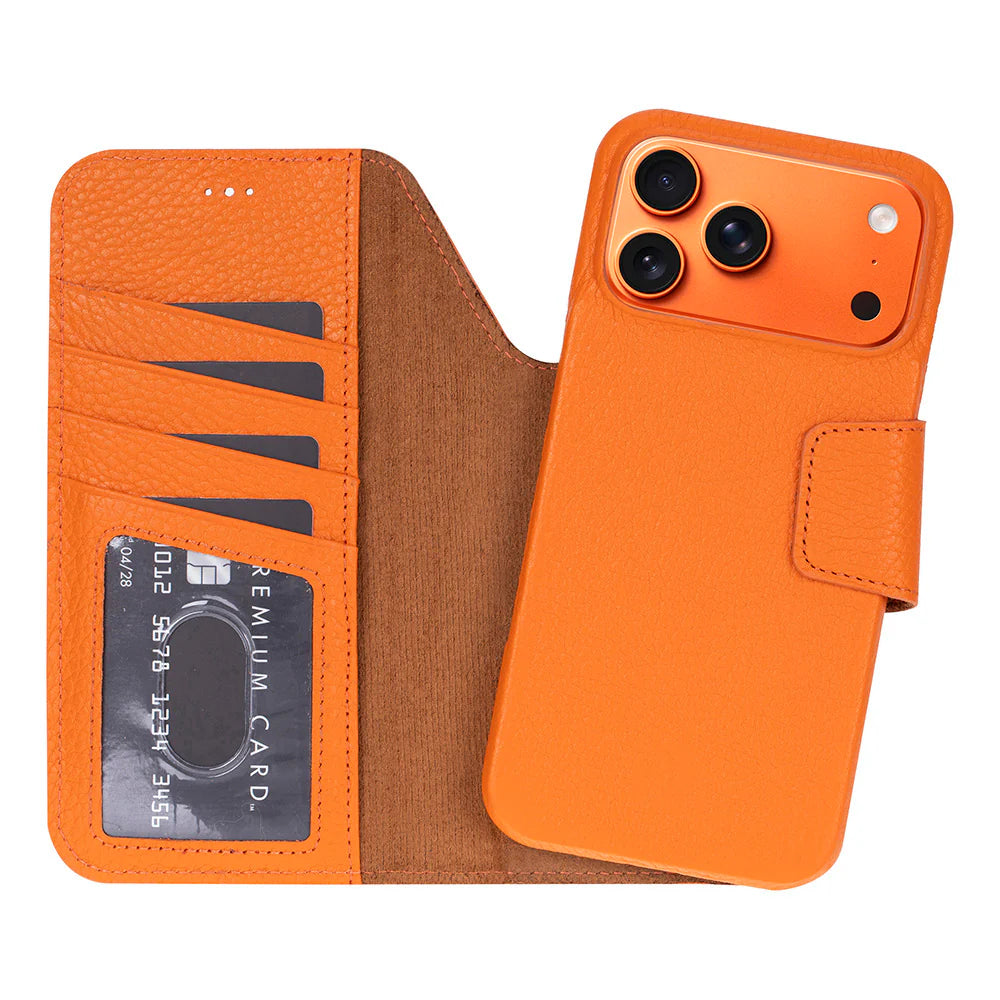 Orange iphone 17 pro max case with card holder on a white background