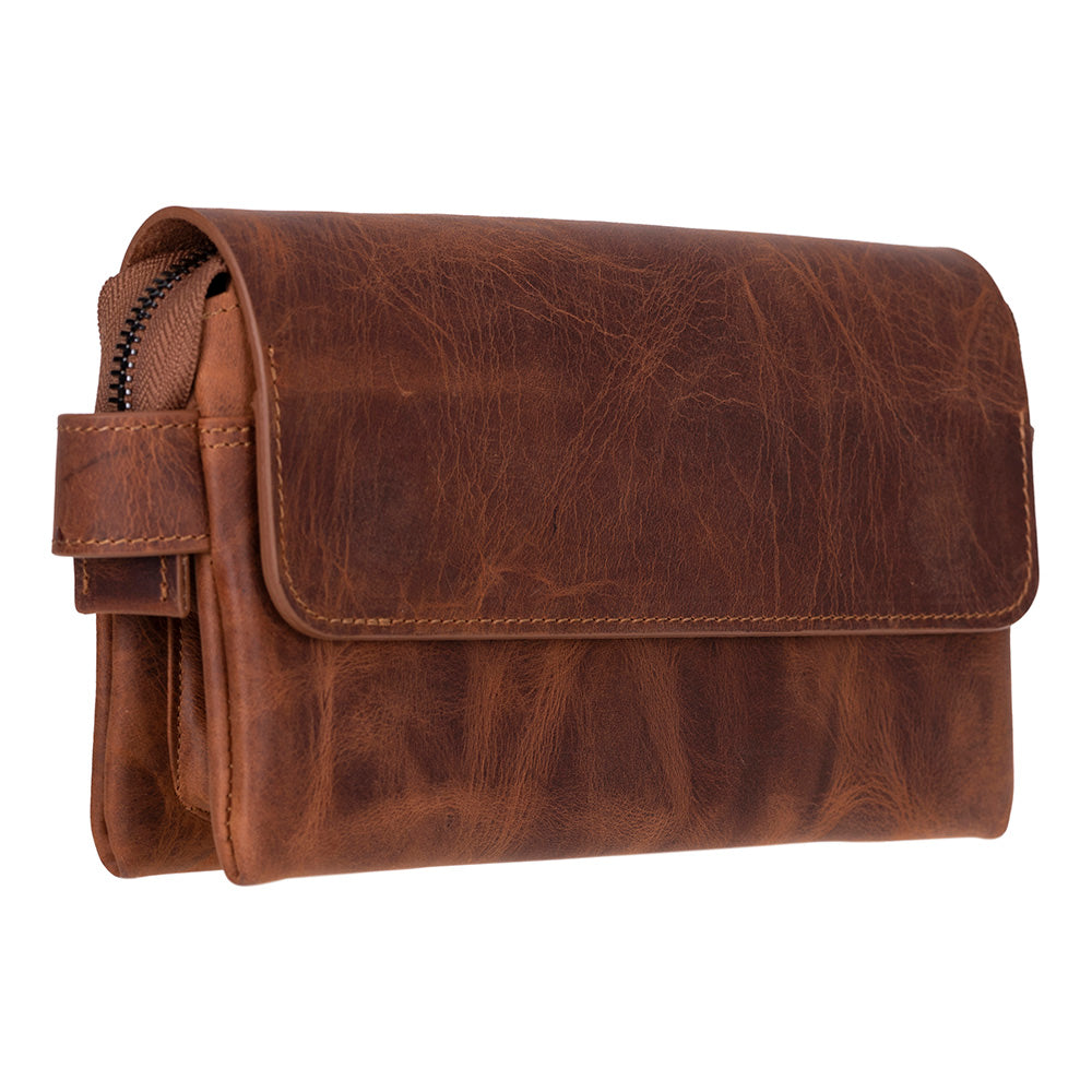 Brown leather clutch bag on a white background