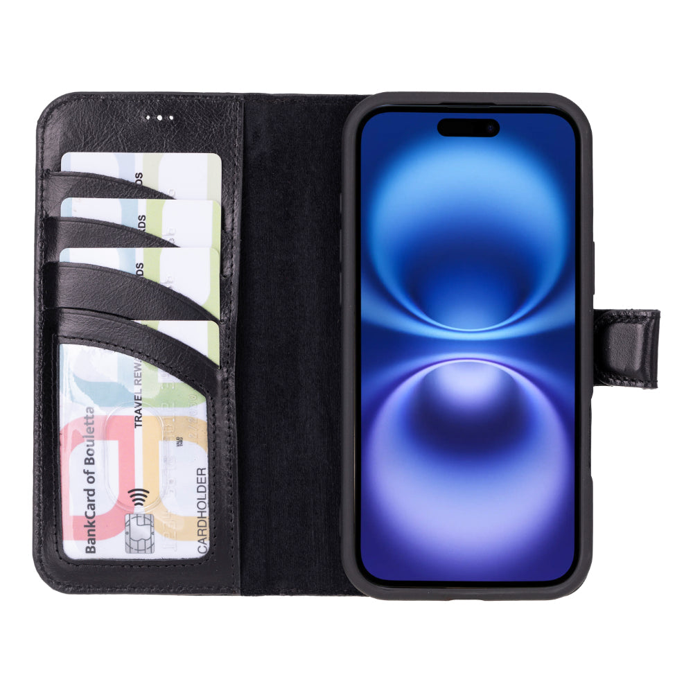 A black genuine leather wallet case for iPhone 16 with cards inserted in the slots, displayed open.