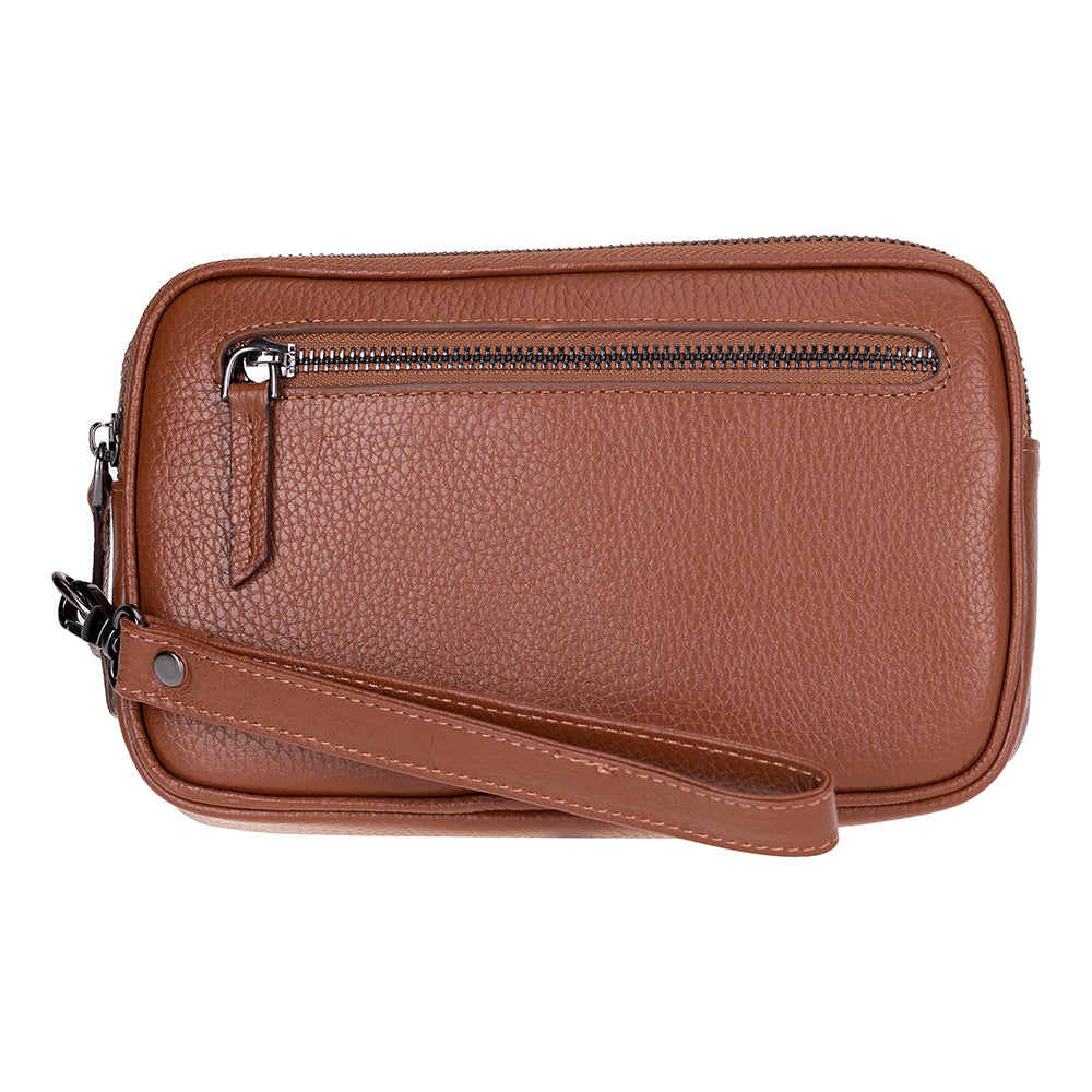 Brown leather crossbody bag with a visible zipper on a white background