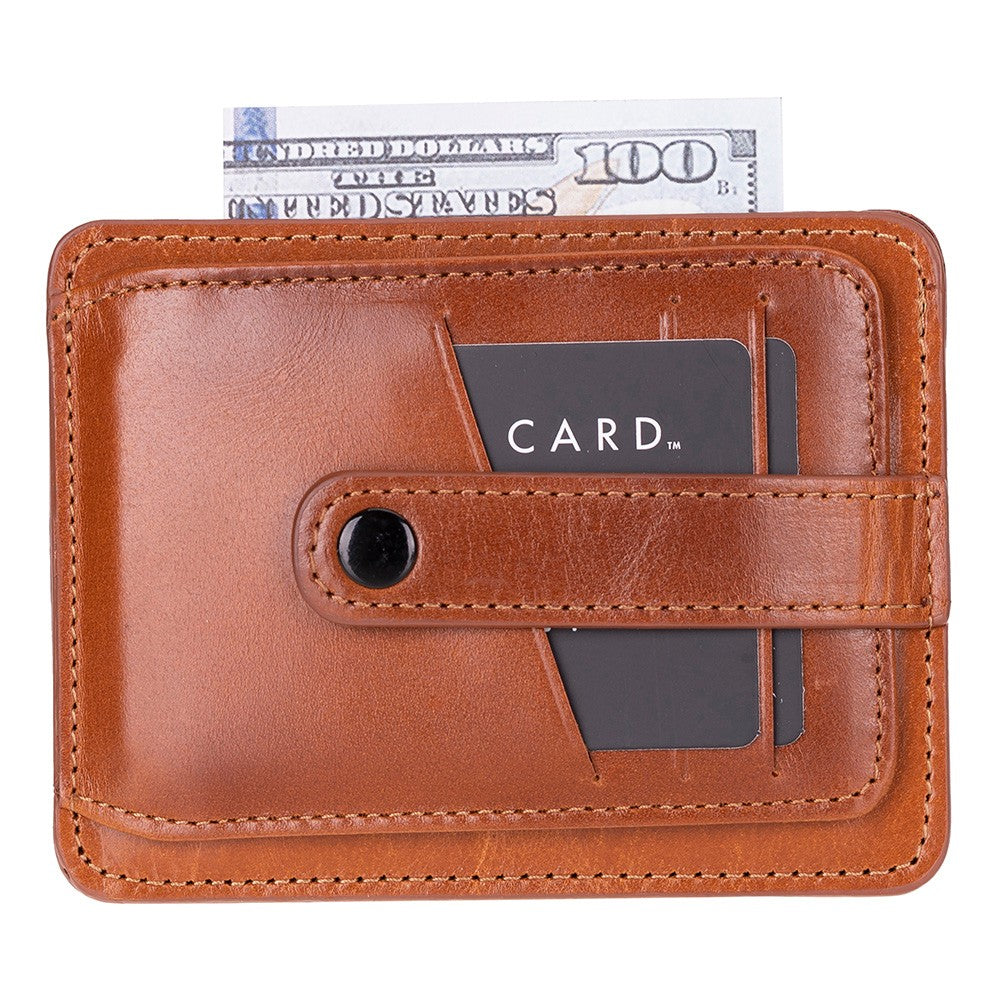 Brown leather wallet with card holder and dollar bill on a white background