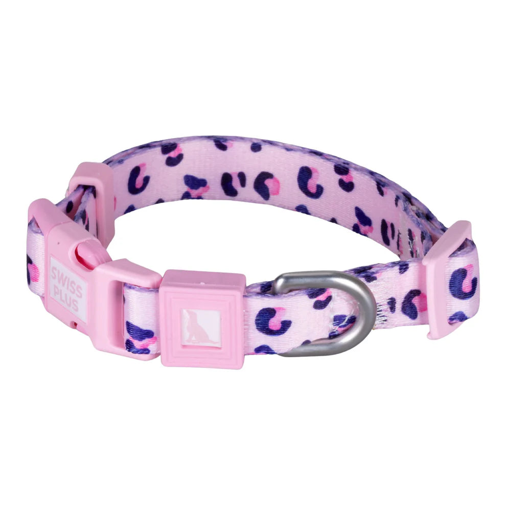 Pink dog collar with leopard print pattern on a white background
