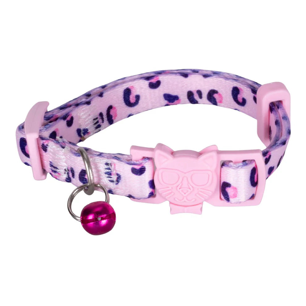 Cat collar with leopard print pattern and pink bell on a white background