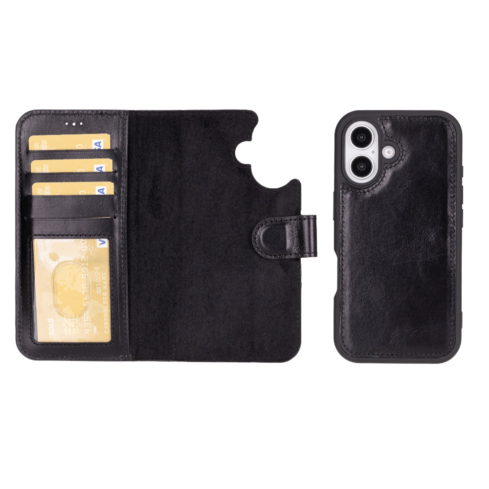 Black phone wallet case with card slots and phone stand feature on a white background