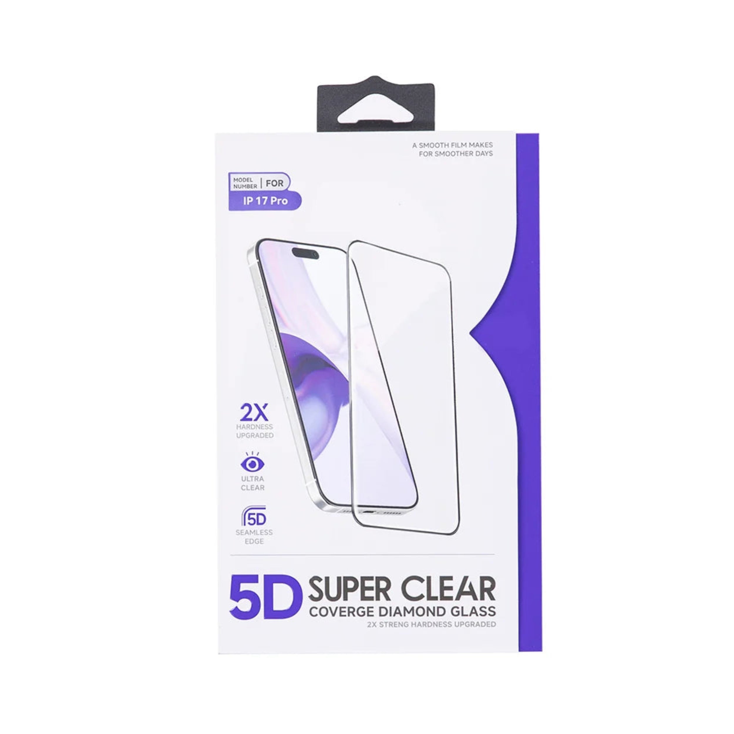 A retail package of two clear 5D diamond glass screen protectors for an iPhone, shown on a white background with a purple side accent.