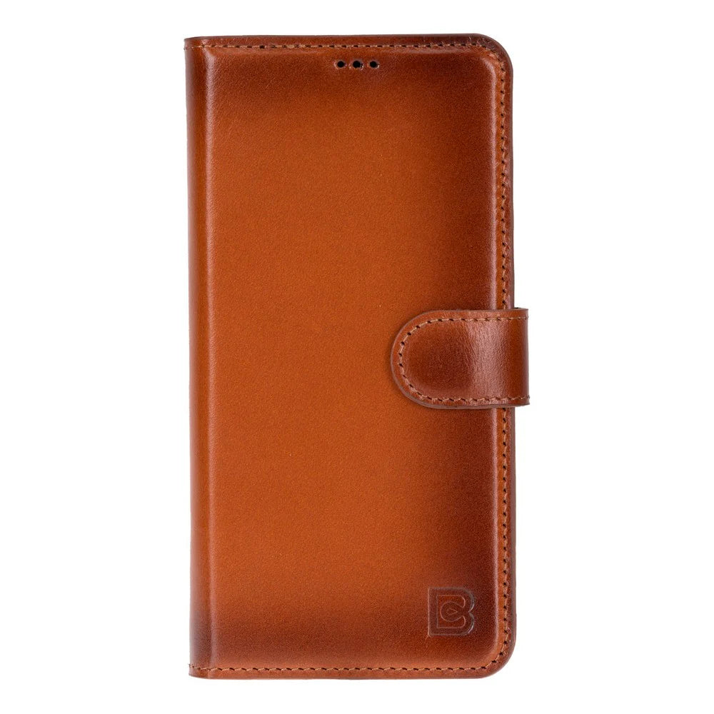 Brown leather phone case with a brand logo on a white background