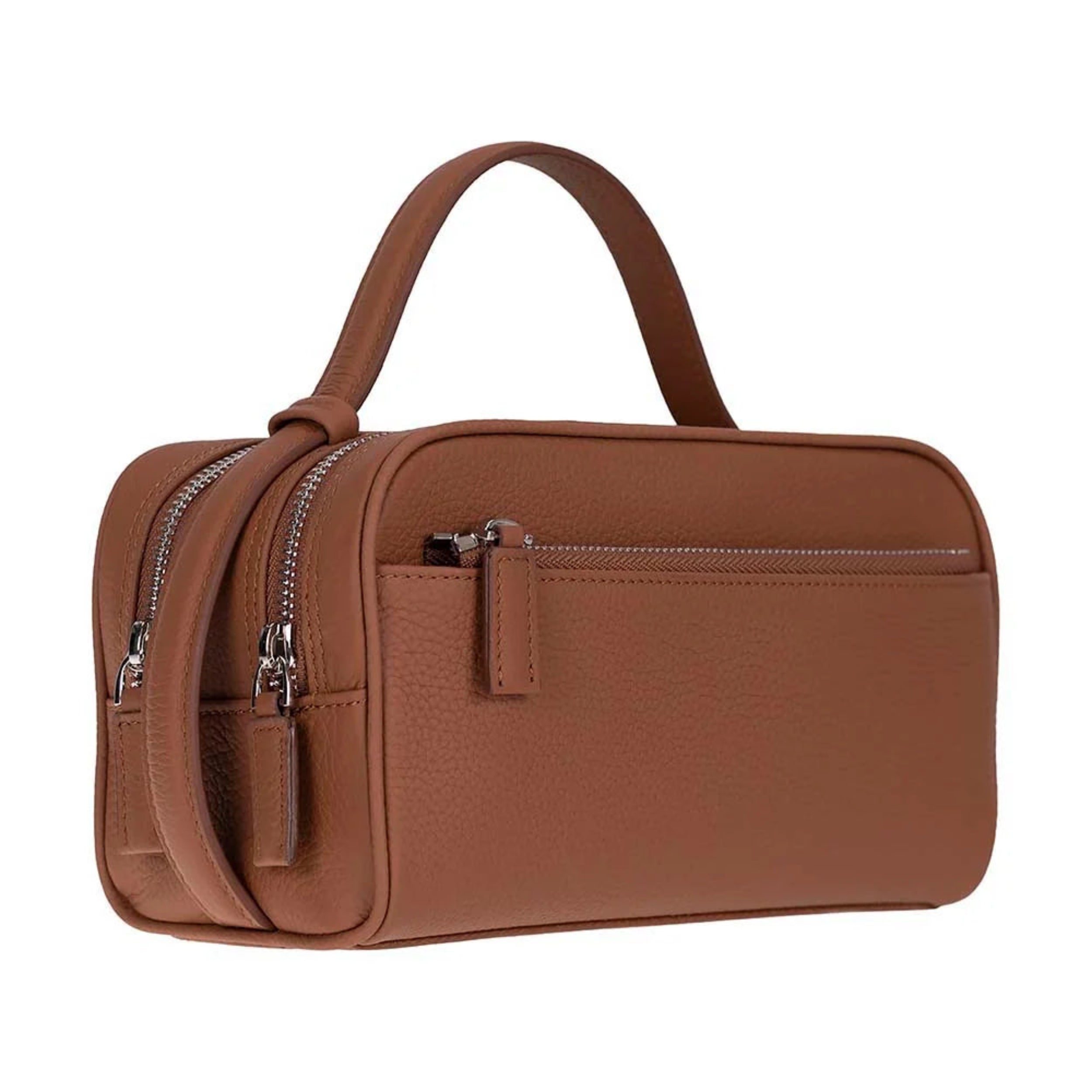 A brown pebbled leather toiletry bag with a top handle, dual zippered compartments, and a front zippered pocket, shown on a plain white background.