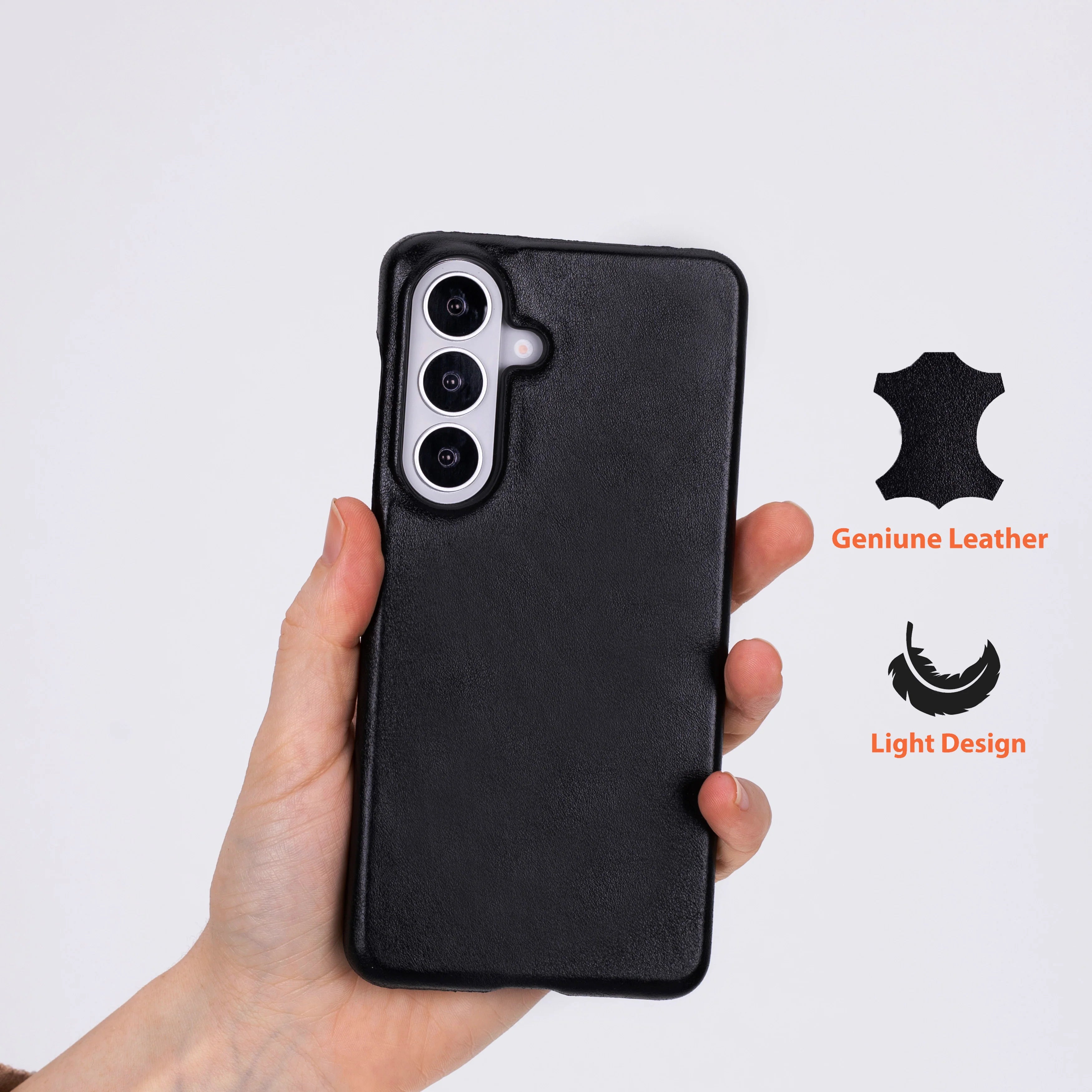 Black leather phone case held in a hand with 'Genuine Leather' and 'Light Design' text on a white background