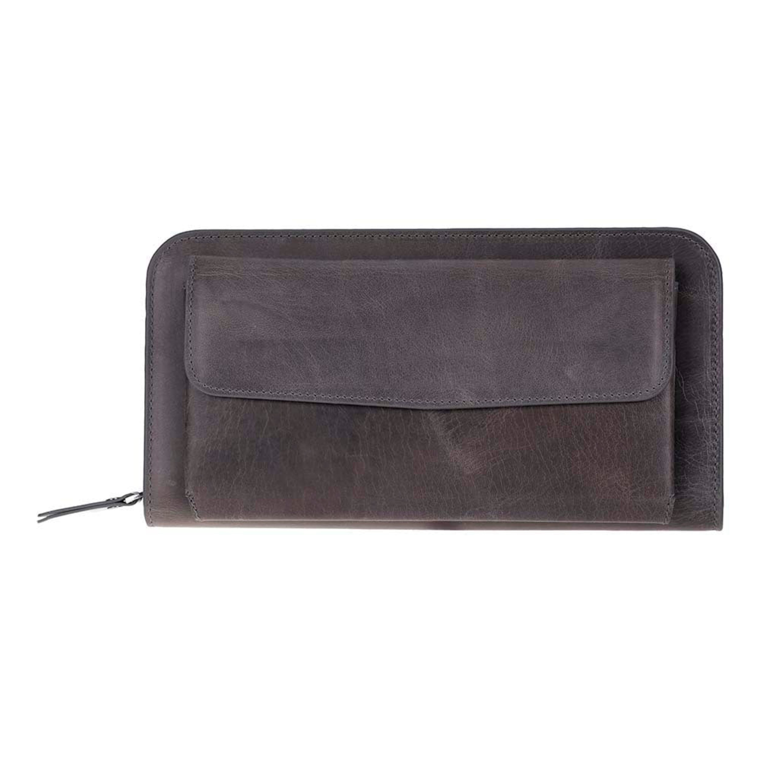 A dark brown textured leather zip-around wallet with a flap pocket on the front, shown against a plain white background.