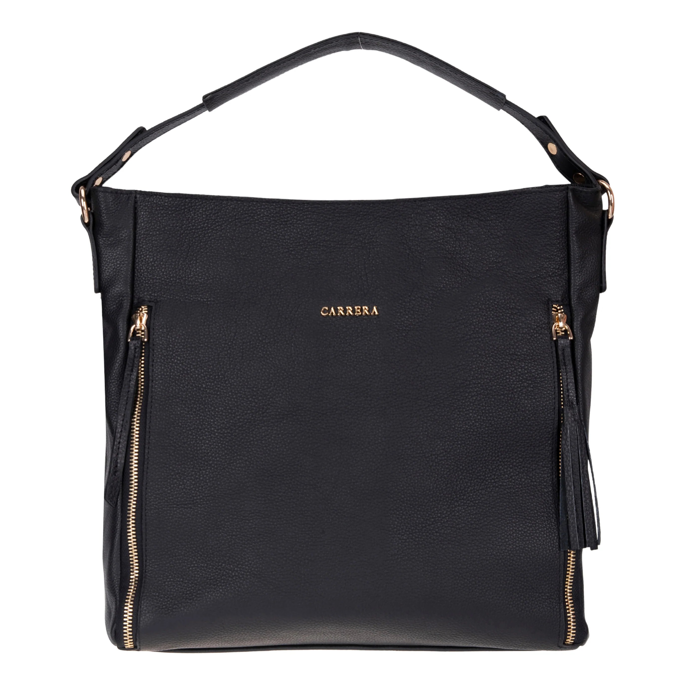 Black handbag with gold accents on a white background