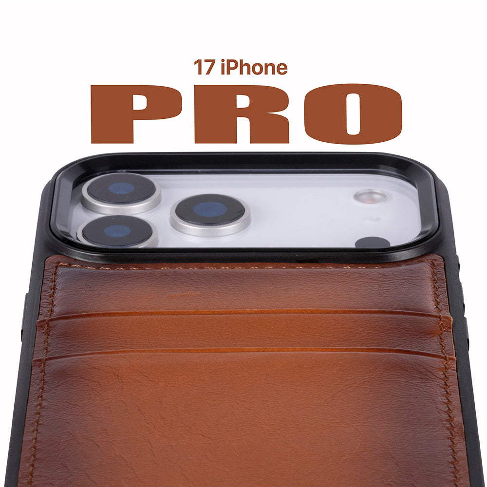 Brown phone case with 17 iPhone PRO' text on a white background