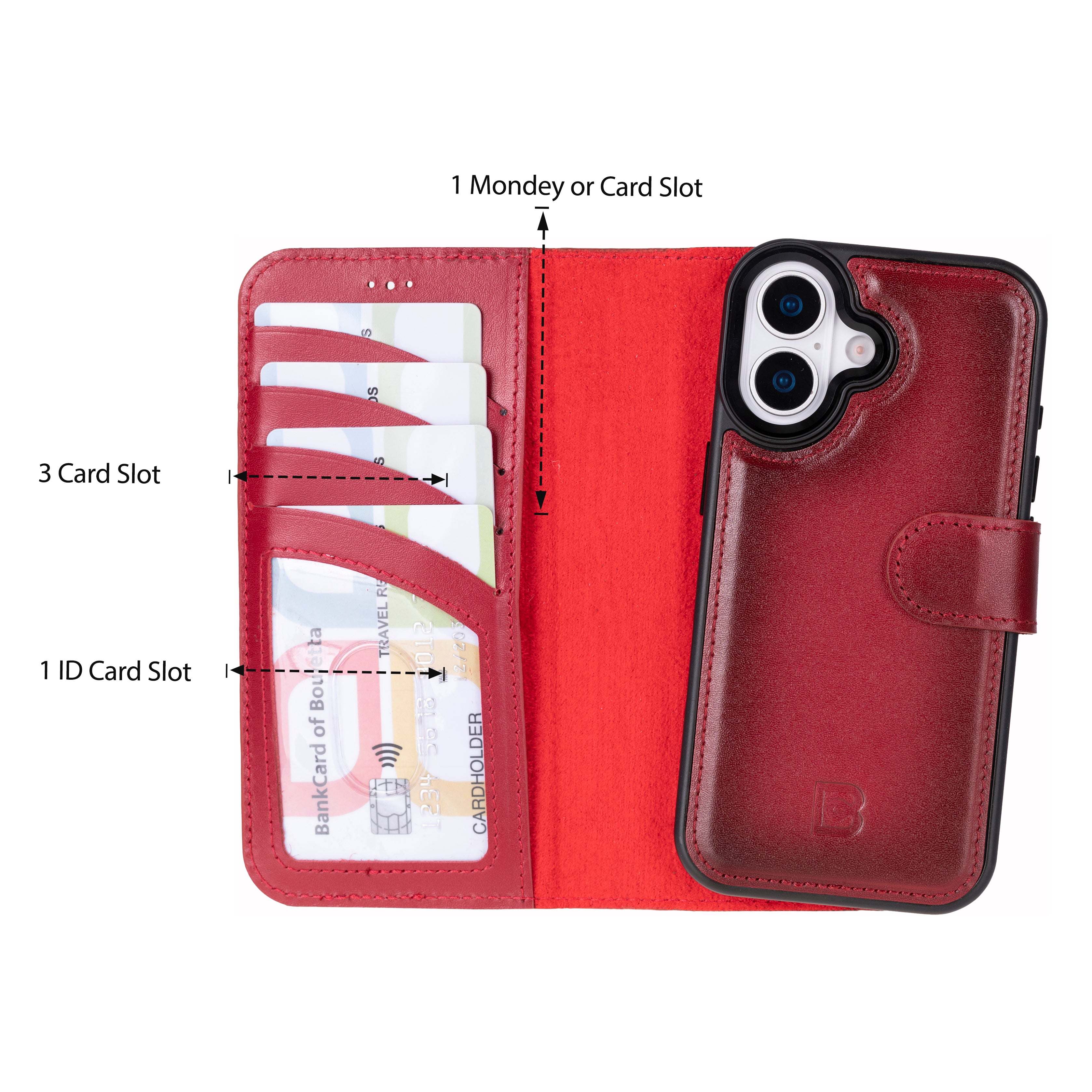 Red phone wallet case with card slots and brand logo on a white background