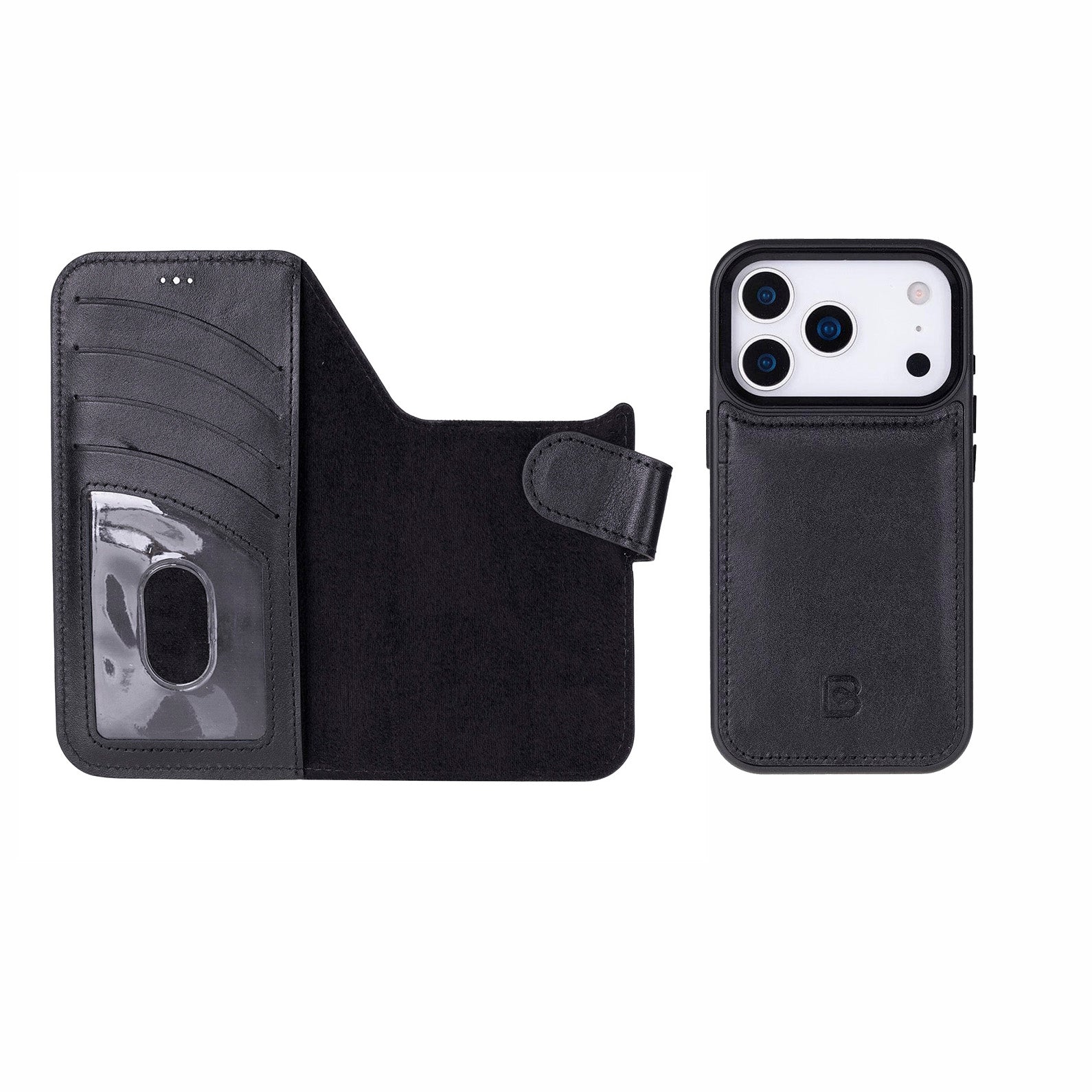 Black phone case with wallet and card holder features on a white background